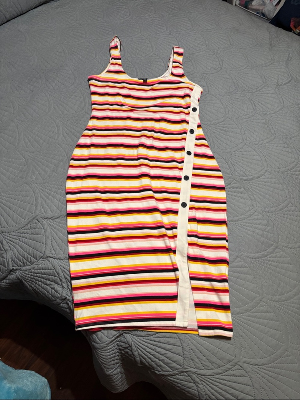 Sleeveless Multicolor Striped Midi Dress with Side Button Detail